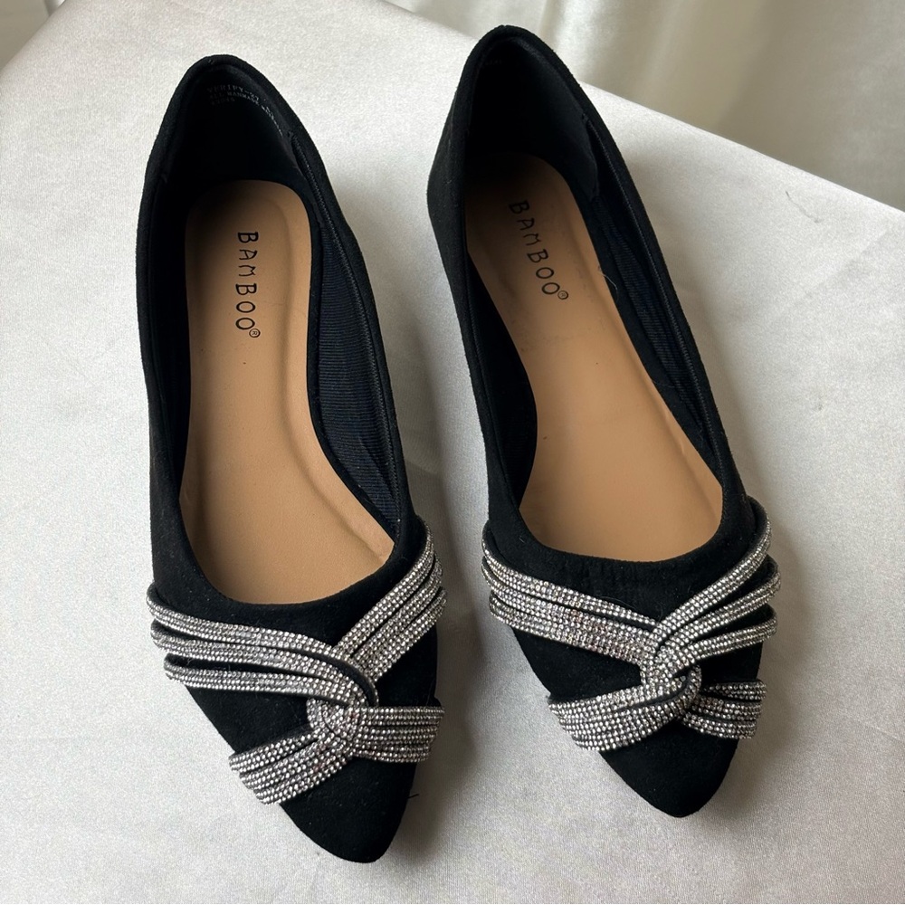 Bamboo Black Rhinestone Bow Flats- 6.5